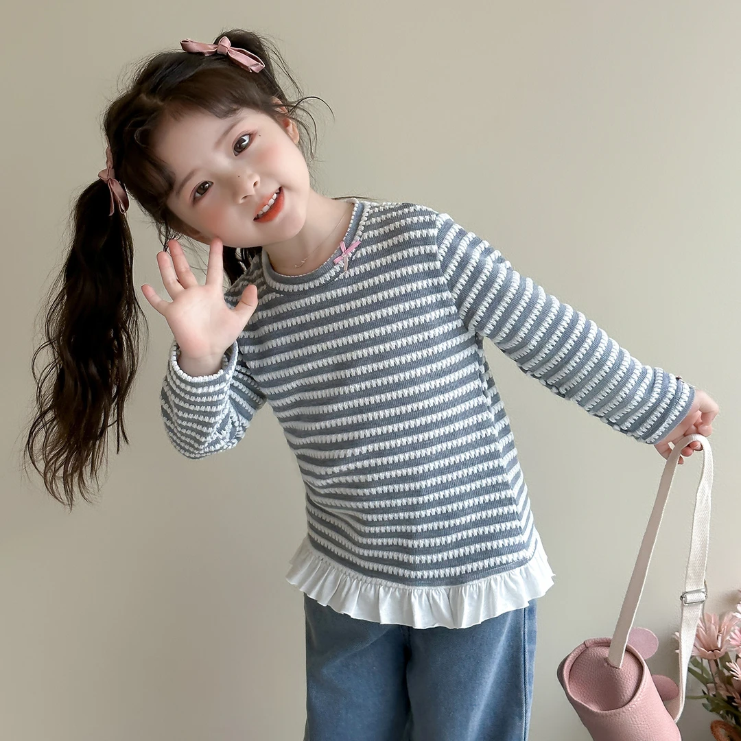 女童2025秋季新款小童条纹打底衫儿童洋气韩版蕾丝花边休闲T恤
