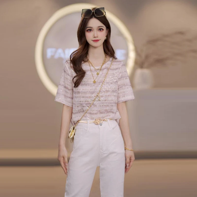 洋气时髦气质夏季2025新品时尚简约紫色条纹晕染T恤百搭上衣女装