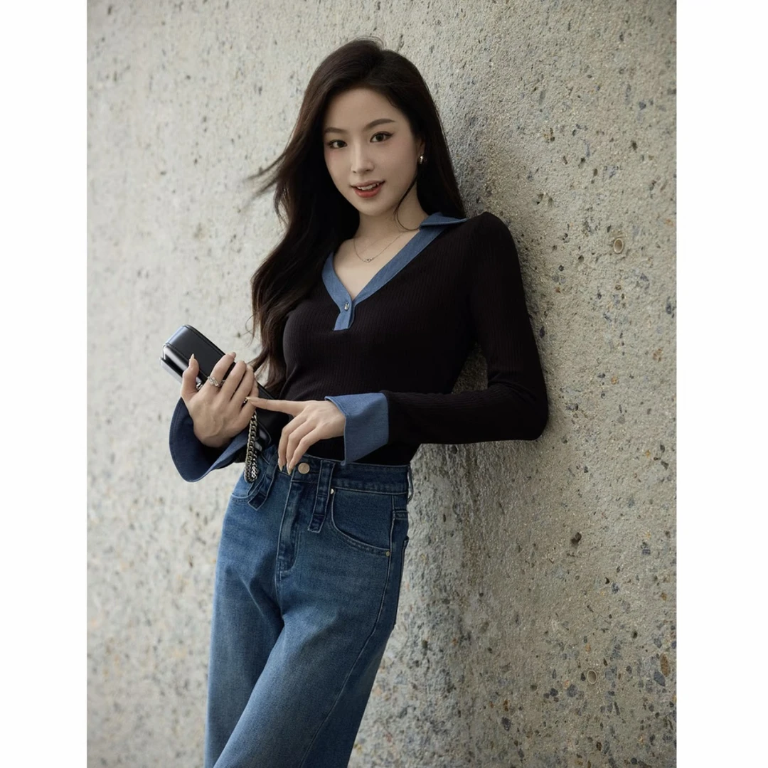 MEINA【蓝氧计划】纯欲时尚气质设计感百搭POIO领拼色修身显瘦上衣