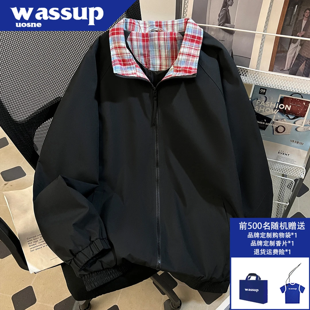 美式复古撞色拼接格纹外套男秋季2025新款ins假两件上衣休闲夹克