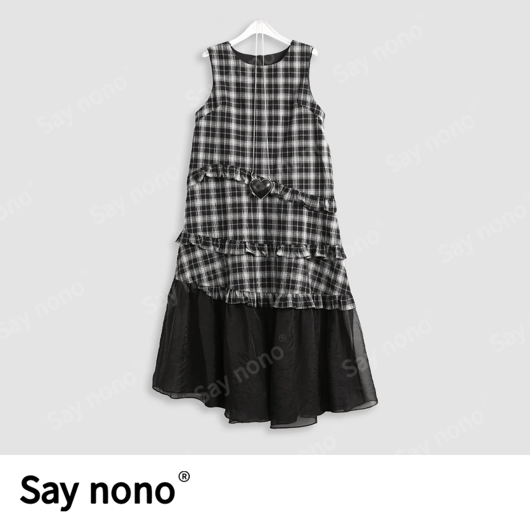 懒猫nono│Saynono 带挂饰圆领黑白格纹连衣裙/ZC10523