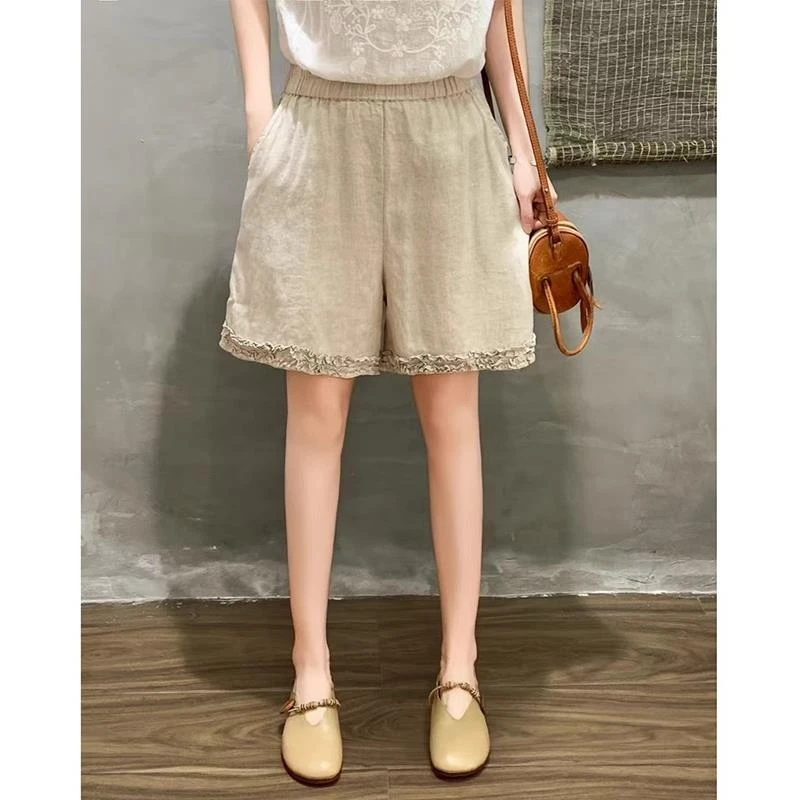 夏季新款复古木耳边棉麻阔腿短裤女宽松大码高腰休闲直筒a字裤子