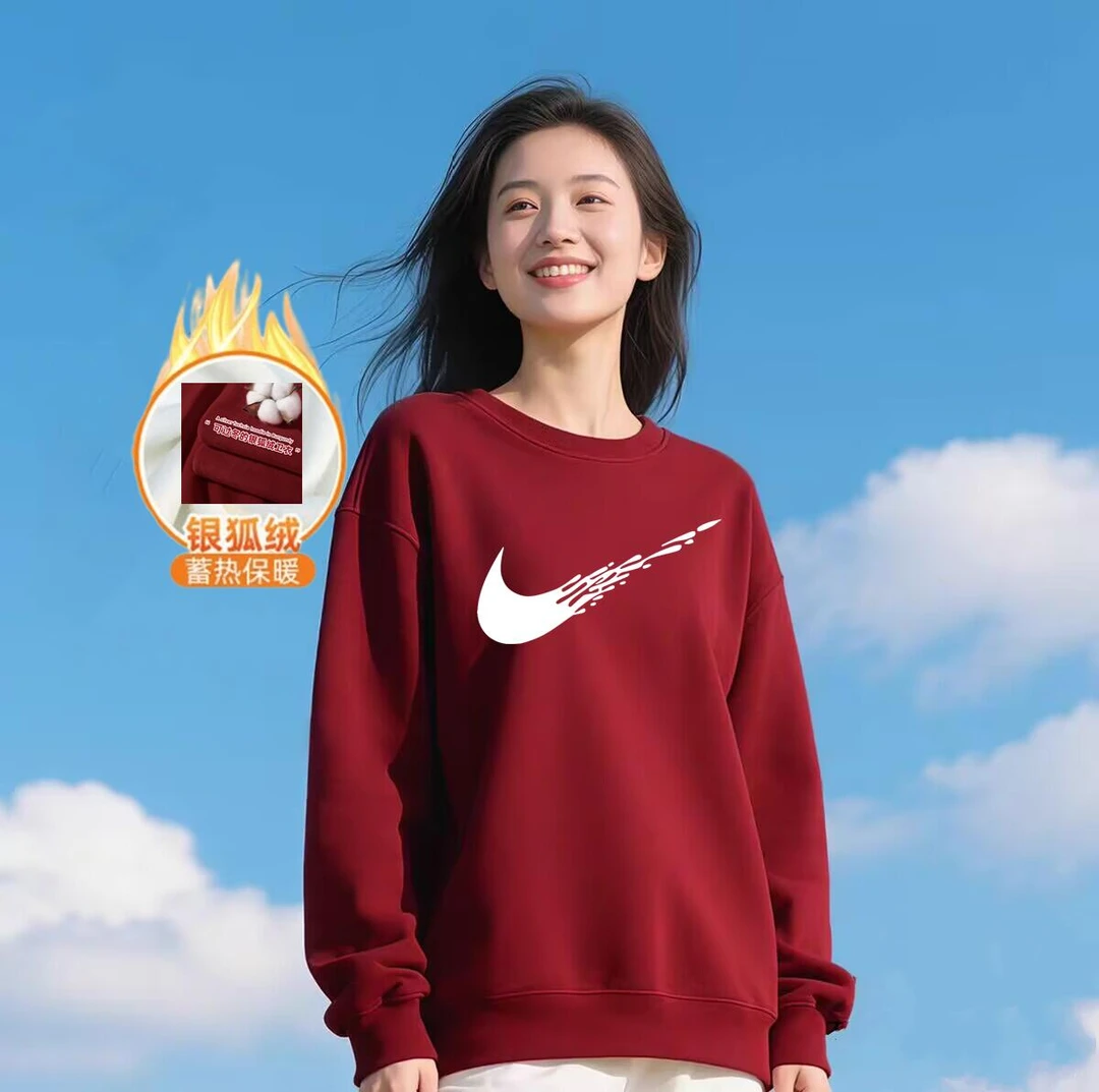 奥特莱斯官方新年喜庆秋冬季酒红色圆领卫衣男女长袖上衣宽松休闲