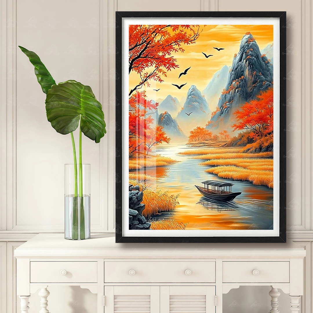 【进口棉布】爱阁十字绣金秋渔舟图新款山水风景简约客厅手工线绣