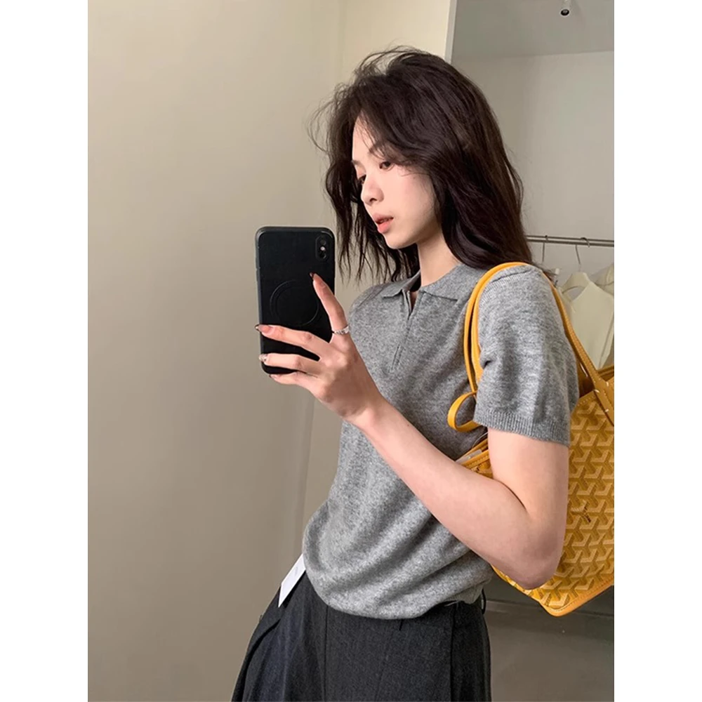 灰色polo领半拉链冰丝正肩短袖t恤女夏季针织衫别致独特修身上衣