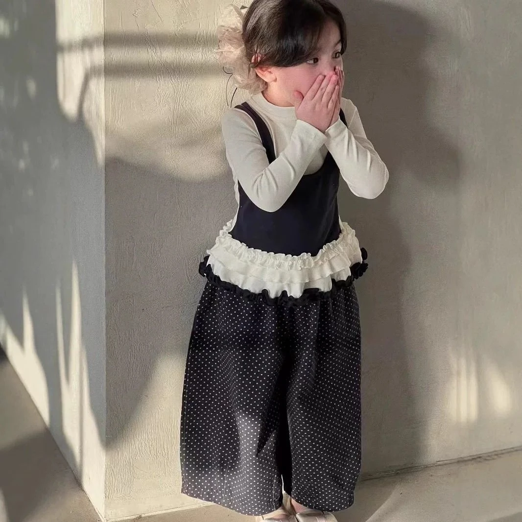 女童春装套装2025新款韩系儿童假两件下摆花边吊带衫波点阔腿裤子