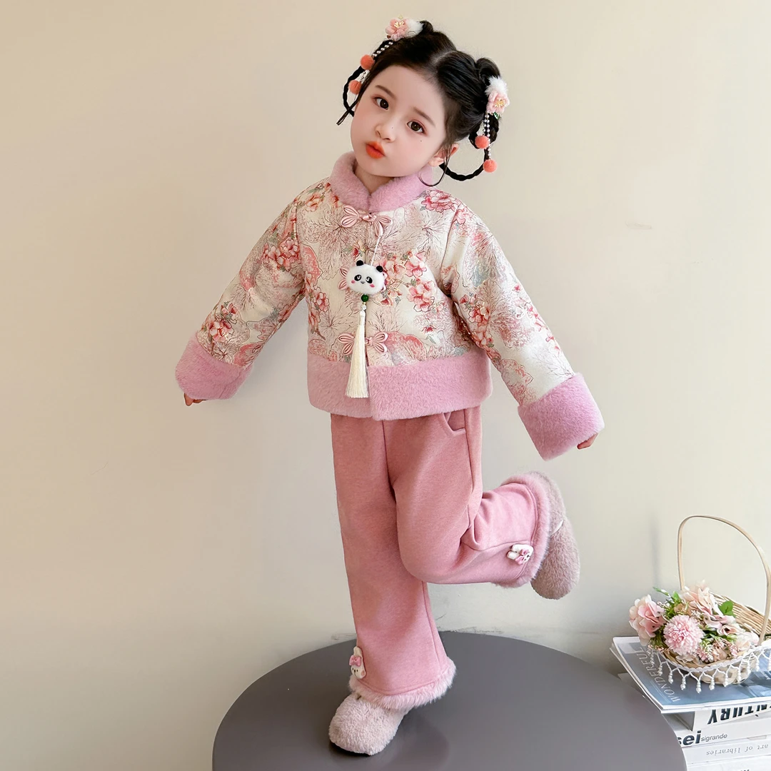 女童秋冬季加绒拜年服2025新款女宝宝盘扣新中式套装儿童冬款汉服
