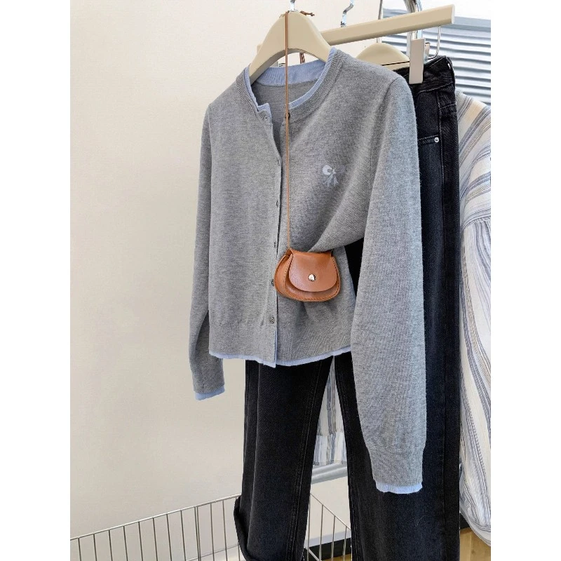 灰色假两件长袖针织开衫外套女秋季新款修身显瘦圆领毛衣