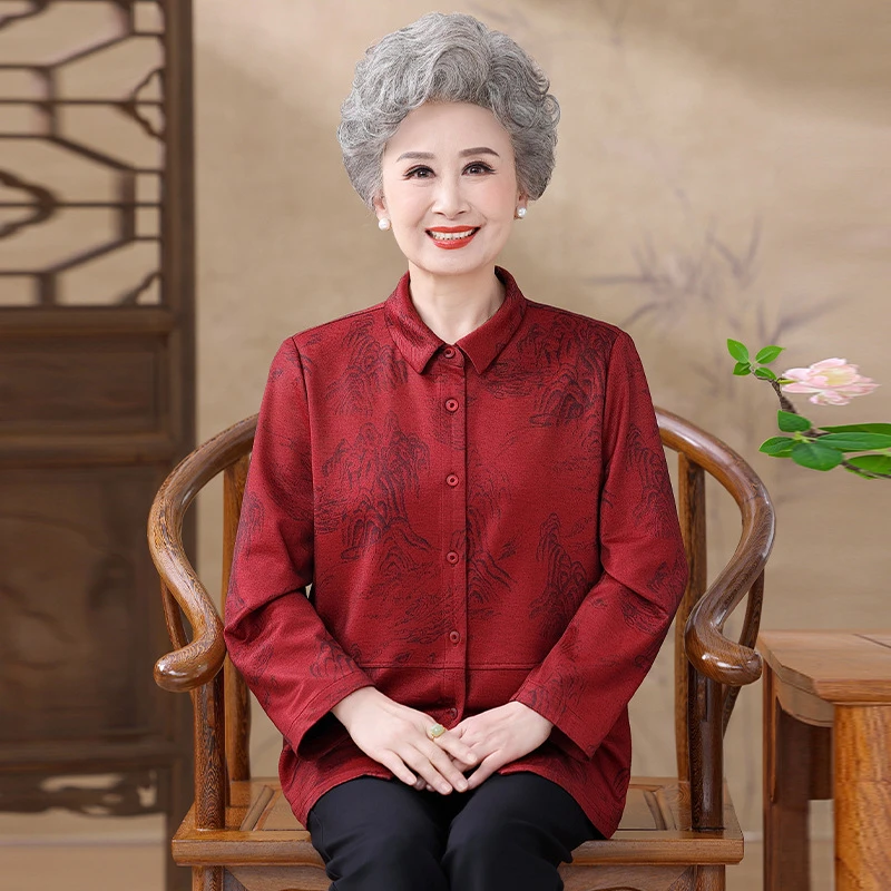 奶奶装秋装长袖衬衫喜庆中老年女装妈妈春秋装外套老人老太太衣服
