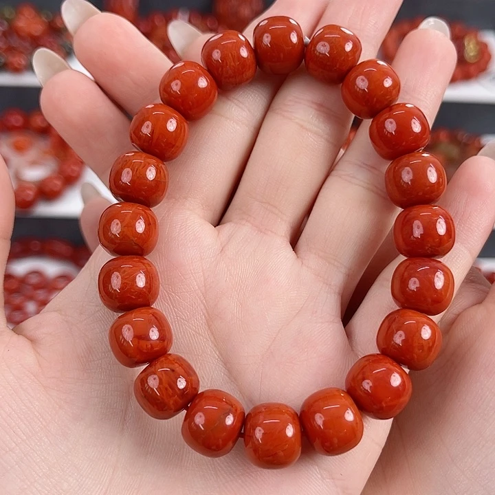 南红玛瑙未镶嵌瓦西柿子红火焰满肉11mm老型手串