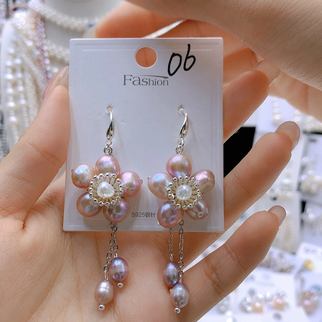 银S925镶嵌耳饰淡水珍珠花**儿