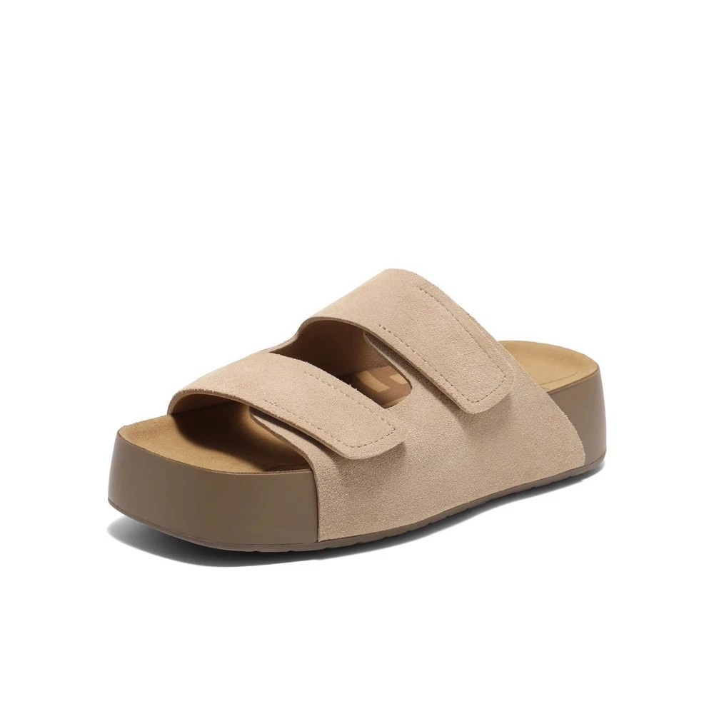 高跟鞋真皮博肯拖鞋女外穿夏季2025新款复古魔术贴一字软底厚底凉