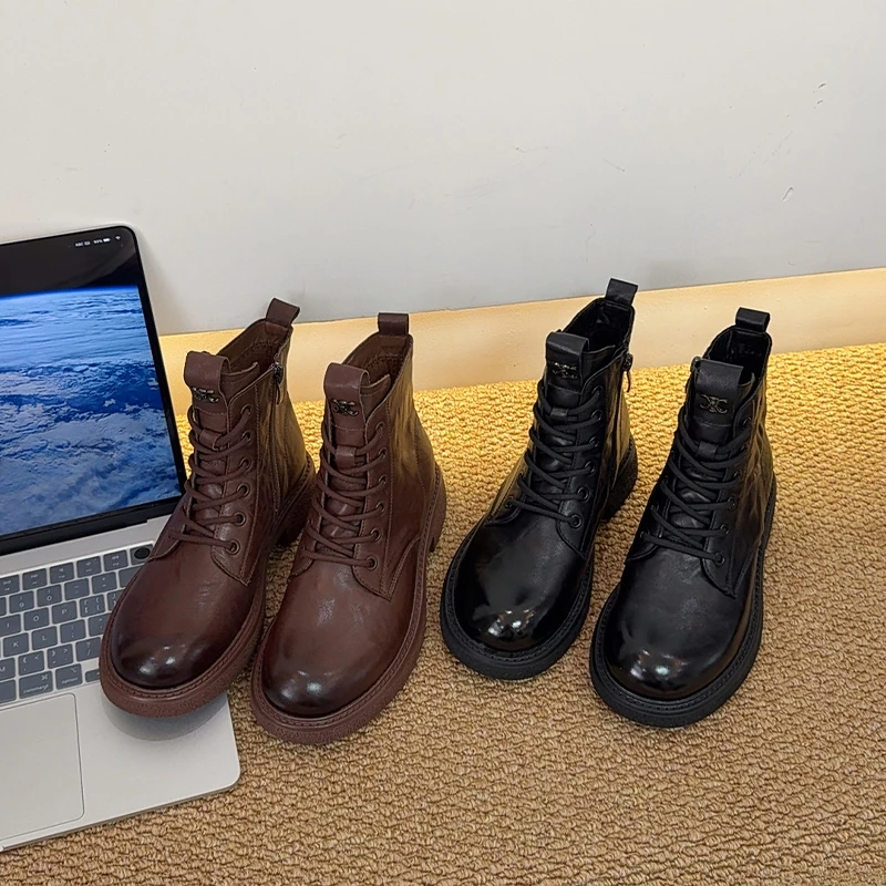Tangchen头层牛皮马丁靴女英伦风百搭复古棕色短靴手抓纹秋冬棉靴