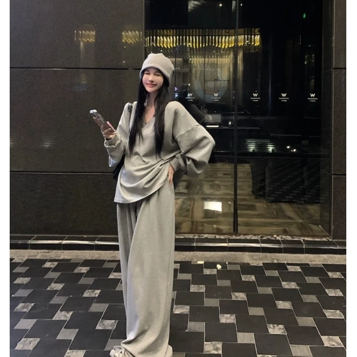 2025秋季新款韩系宽松V领长袖套头卫衣高腰百搭阔腿休闲裤套装女