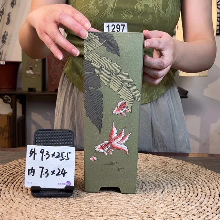 紫砂花盆 超精品果绿彩绘金玉满堂四方笔筒签筒1297