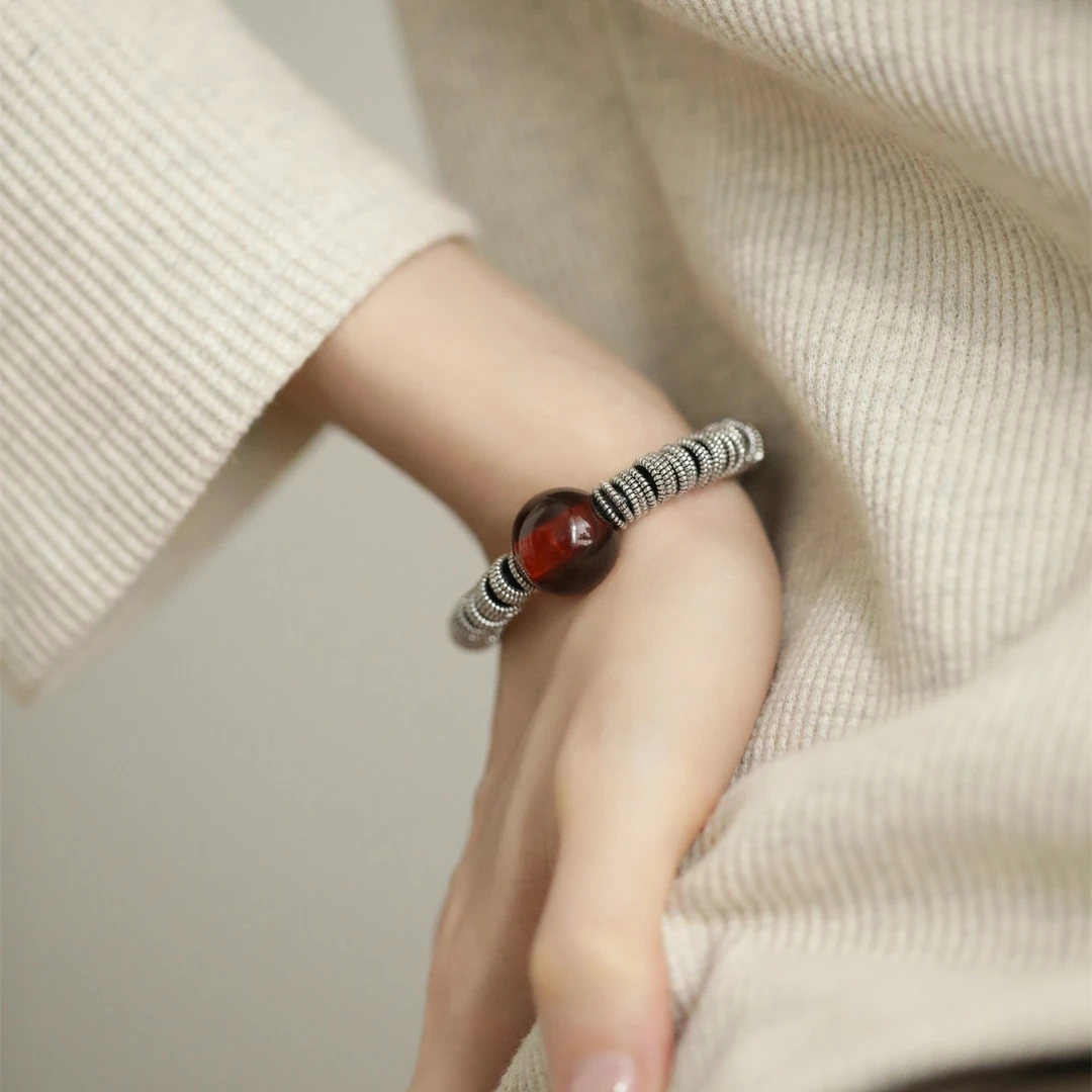 S925银血珀琥珀六字藏言盘缠编织手链女小众设计高级感109ycc