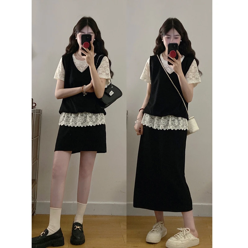 大码夏季蕾丝拼接假两件短袖t恤女胖mm宽松巨显瘦休闲上衣半裙
