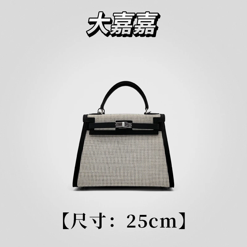 JINGQII【KL/25】黑色-帆布拼皮 细格纹 包包 手提女包 30356