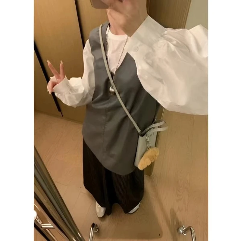 时尚套装女2025秋装新款韩版PU皮背心马甲+休闲百搭衬衫两件套