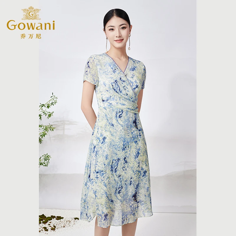 乔万尼真丝连衣裙桑蚕丝商场同款法式V领收腰气质ET2E299603