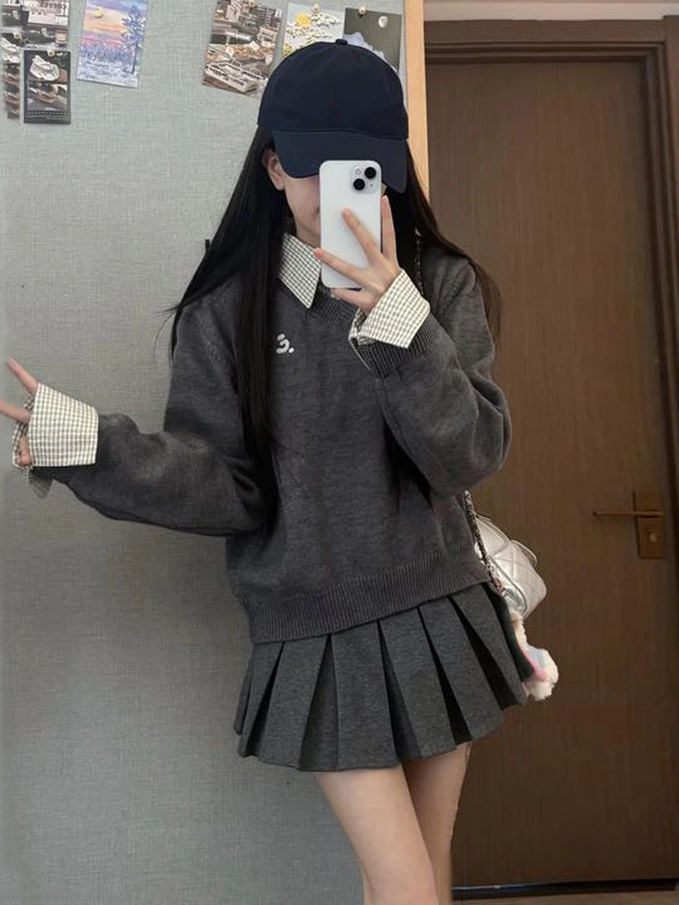 秋冬学院风假两件POLO领针织衫大码胖mm宽松慵懒毛衣氛围感上衣女