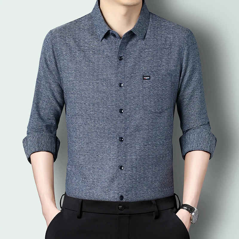 春秋爆款亚麻含桑蚕丝无痕长袖衬衣四季可穿男士商务休闲时尚衬衫
