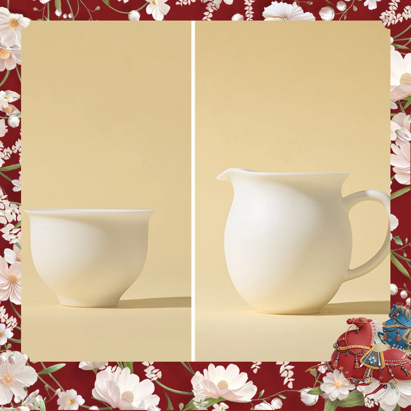 月记窑“映雪美人”羊脂玉瓷套组茶杯主人杯单件