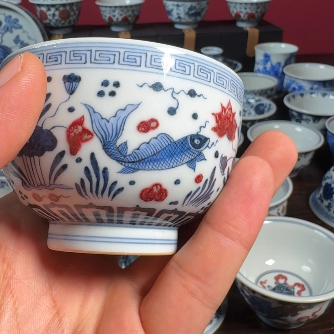 摆件柴窑青花釉里红鱼藻（微瑕）