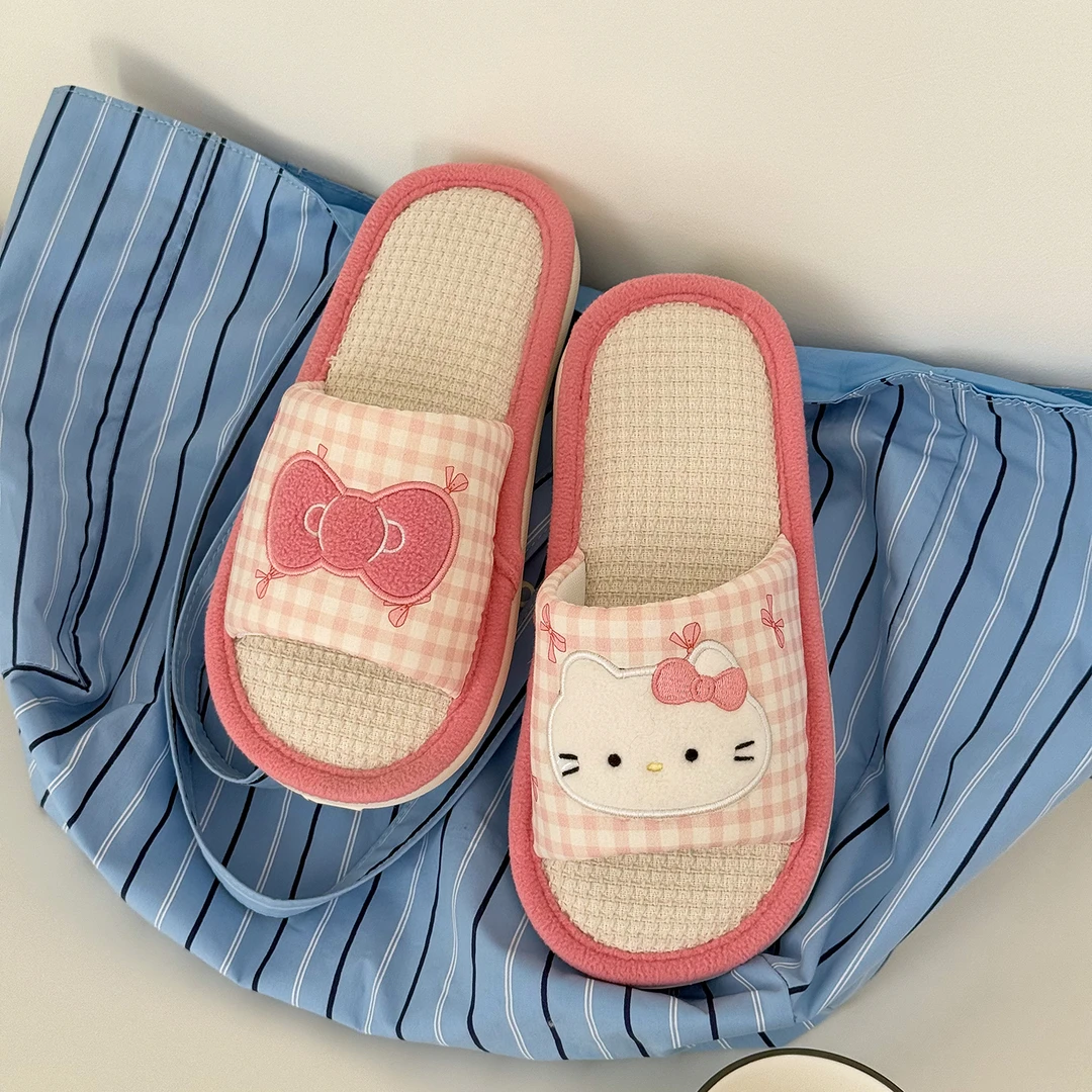 可爱KT亚麻拖鞋女款居家穿四季通用透气吸汗室内软底防滑一字拖鞋