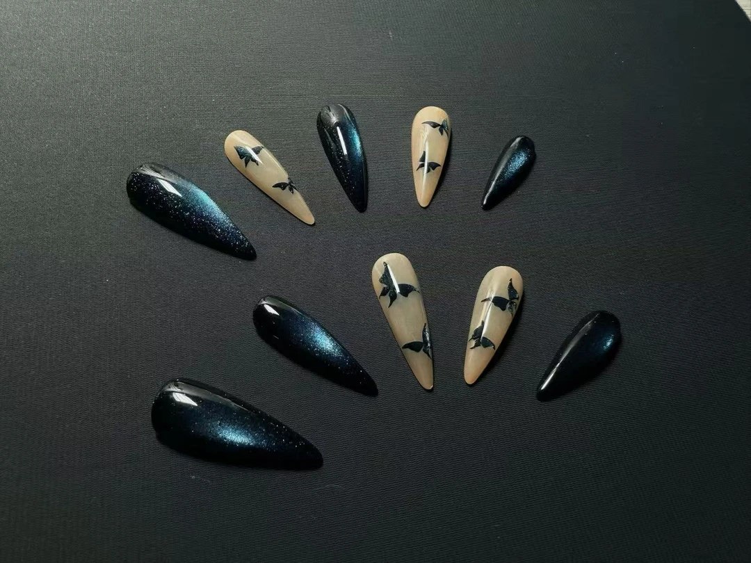 蝴蝶爆闪猫眼显白纯手工穿戴甲中长款法式高级感美甲穿戴甲