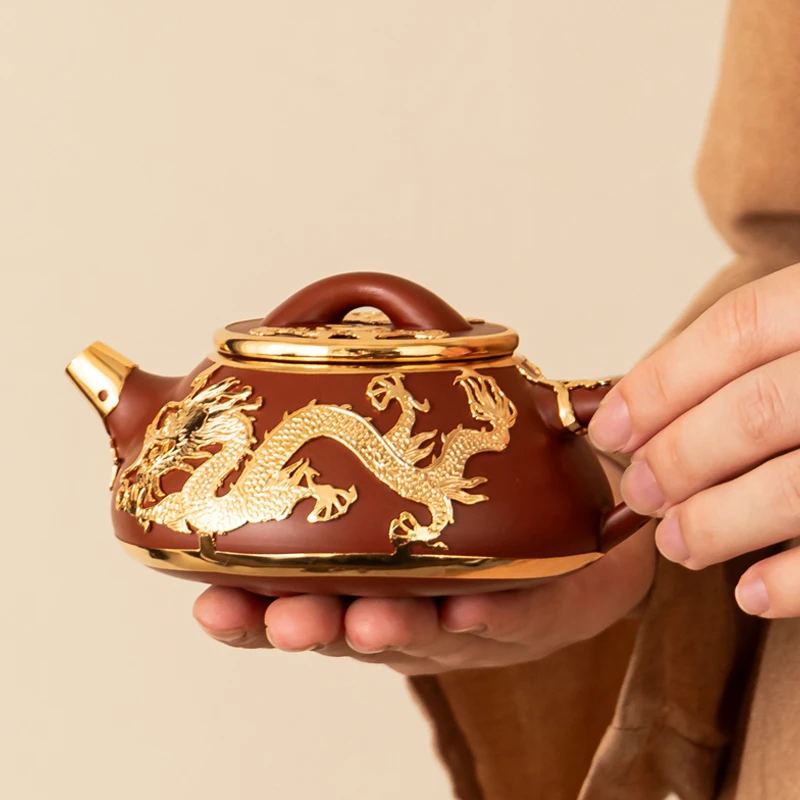 金镶玉石瓢壶纯手工紫砂陶瓷泡茶壶原矿朱泥高档大容量中式茶壶