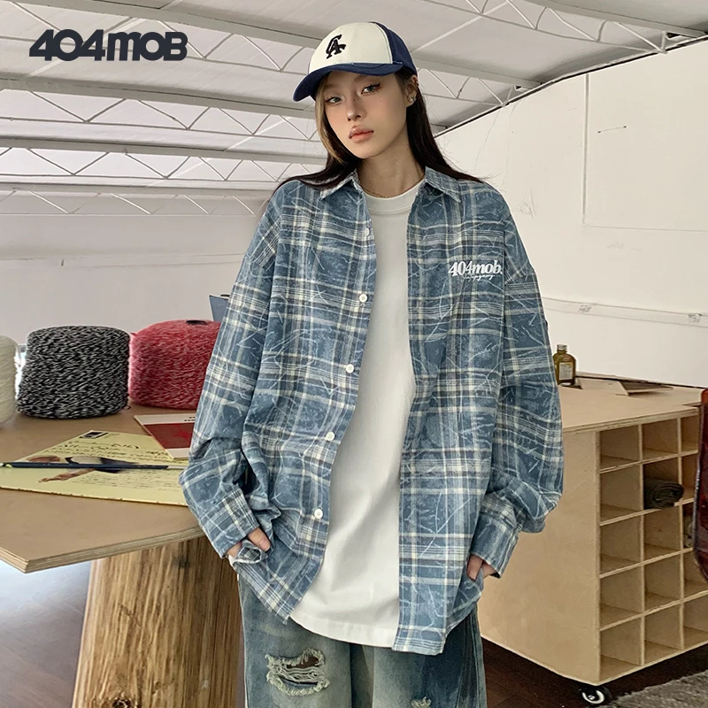 404MOB扎染复古格子长袖衬衫外套男洗水蓝刺绣做旧美式宽松衬衣女