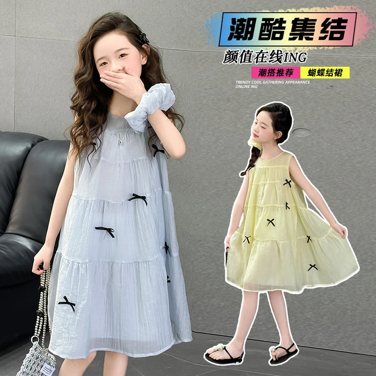 儿童公主裙棉绸洋气潮款宝宝夏季蓝色中大童9岁170cm身高适用连衣