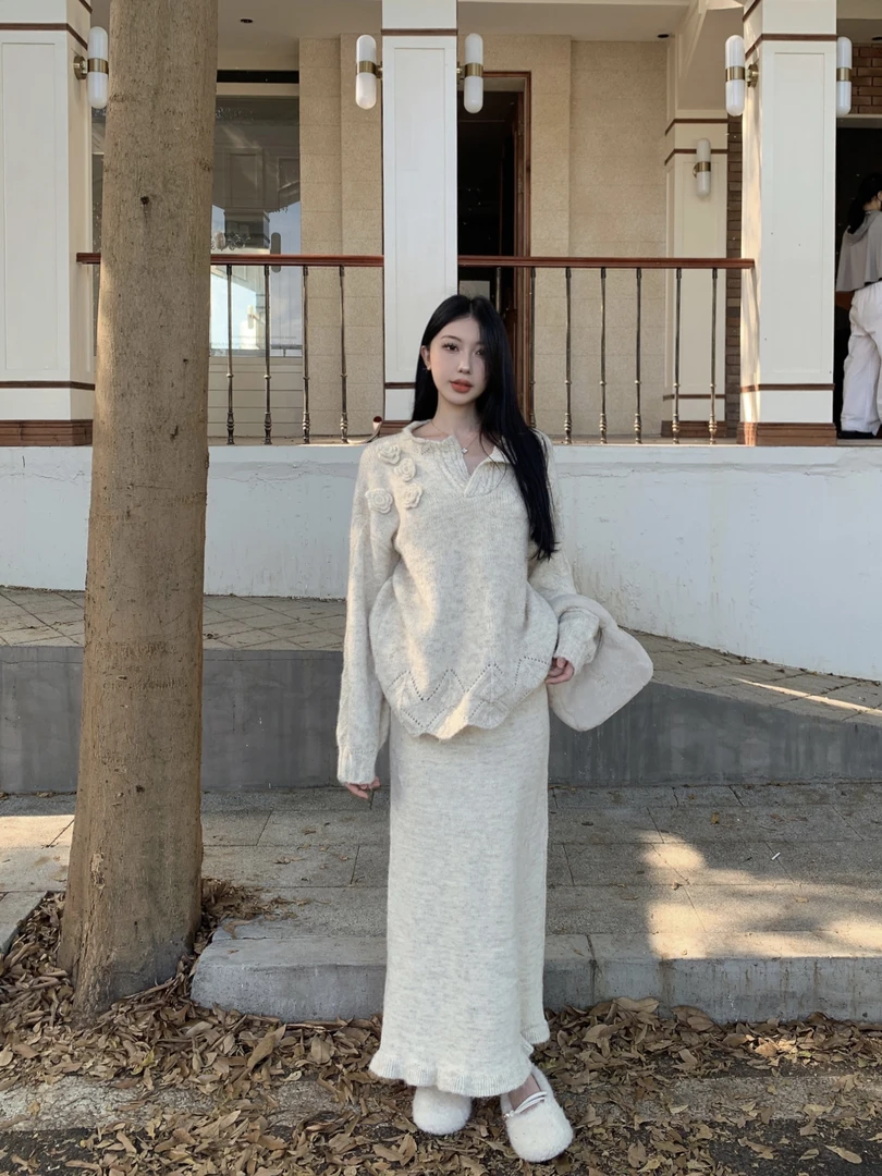 秋季法式温柔休闲宽松立体花朵套头长袖毛衣高腰包臀长款半身裙女