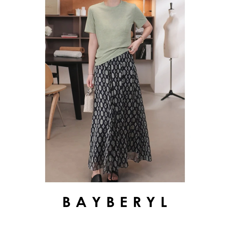 BAYBERYL老贝波斯裙*菱形花真丝松紧腰复古半身裙9YQ5E2434-5/25