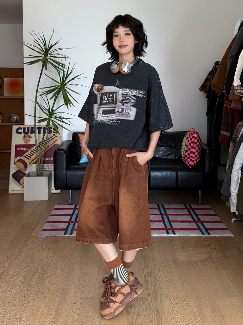 壹三三 洗水做旧oversize美式复古街头印花圆领宽松短袖夏季情侣