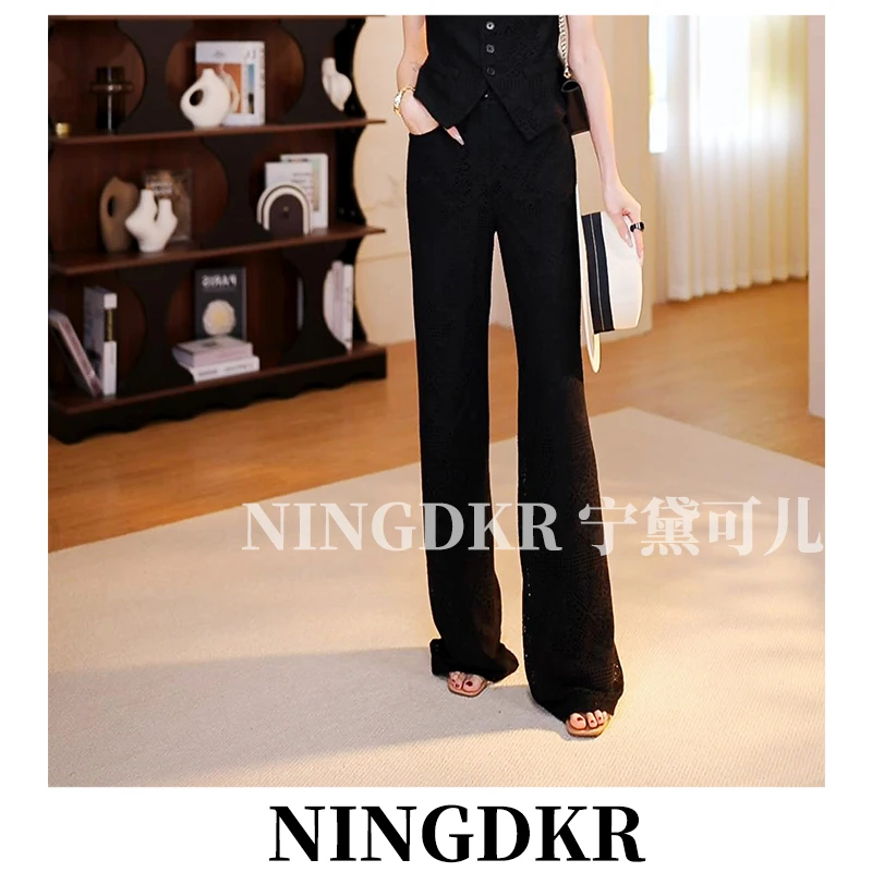 可B30336轻奢气质显瘦镂空直筒裤女遮肉高腰窄版休闲阔腿长裤