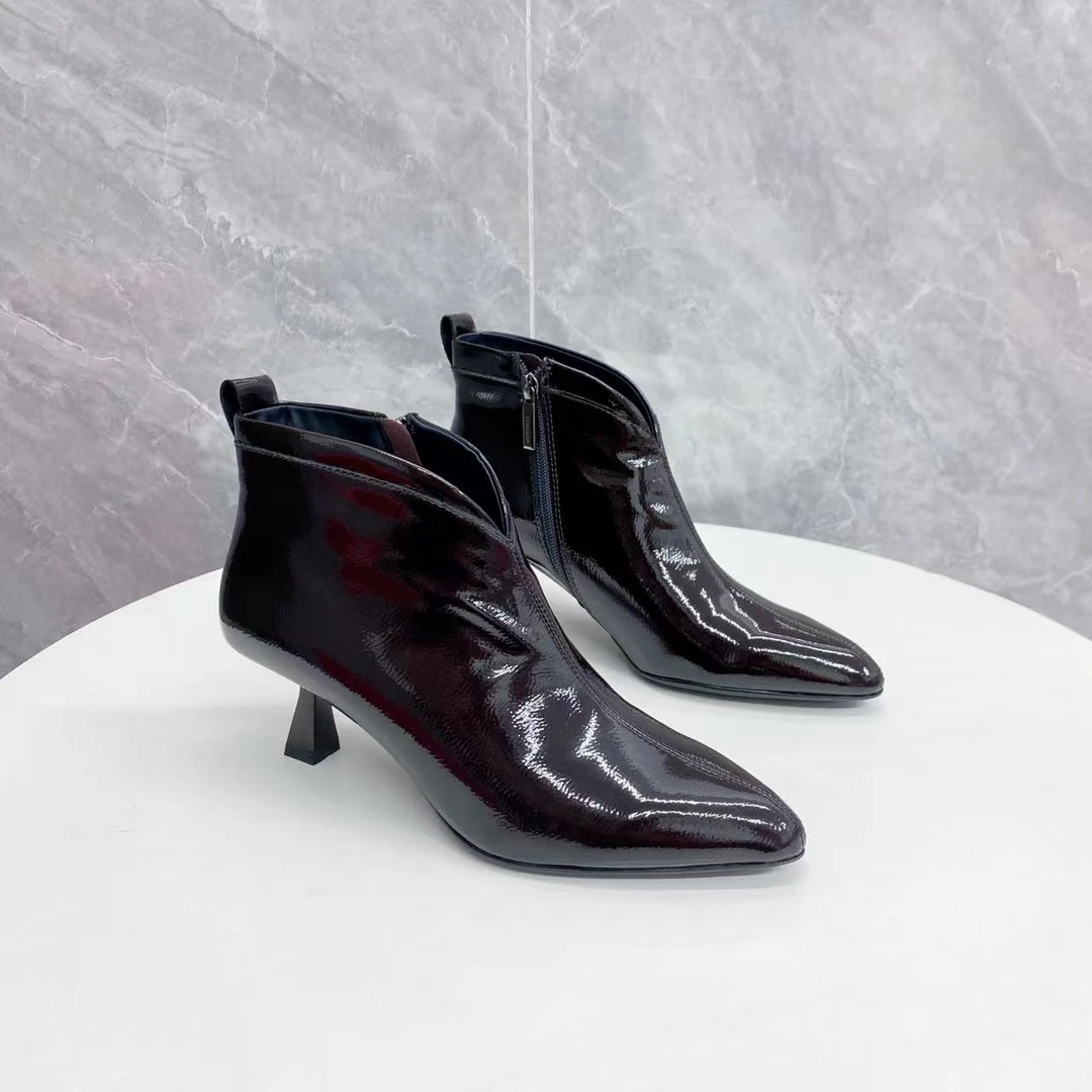 C9892 深咖绒里  时尚侧拉链秋冬细跟尖头气质女时装短靴