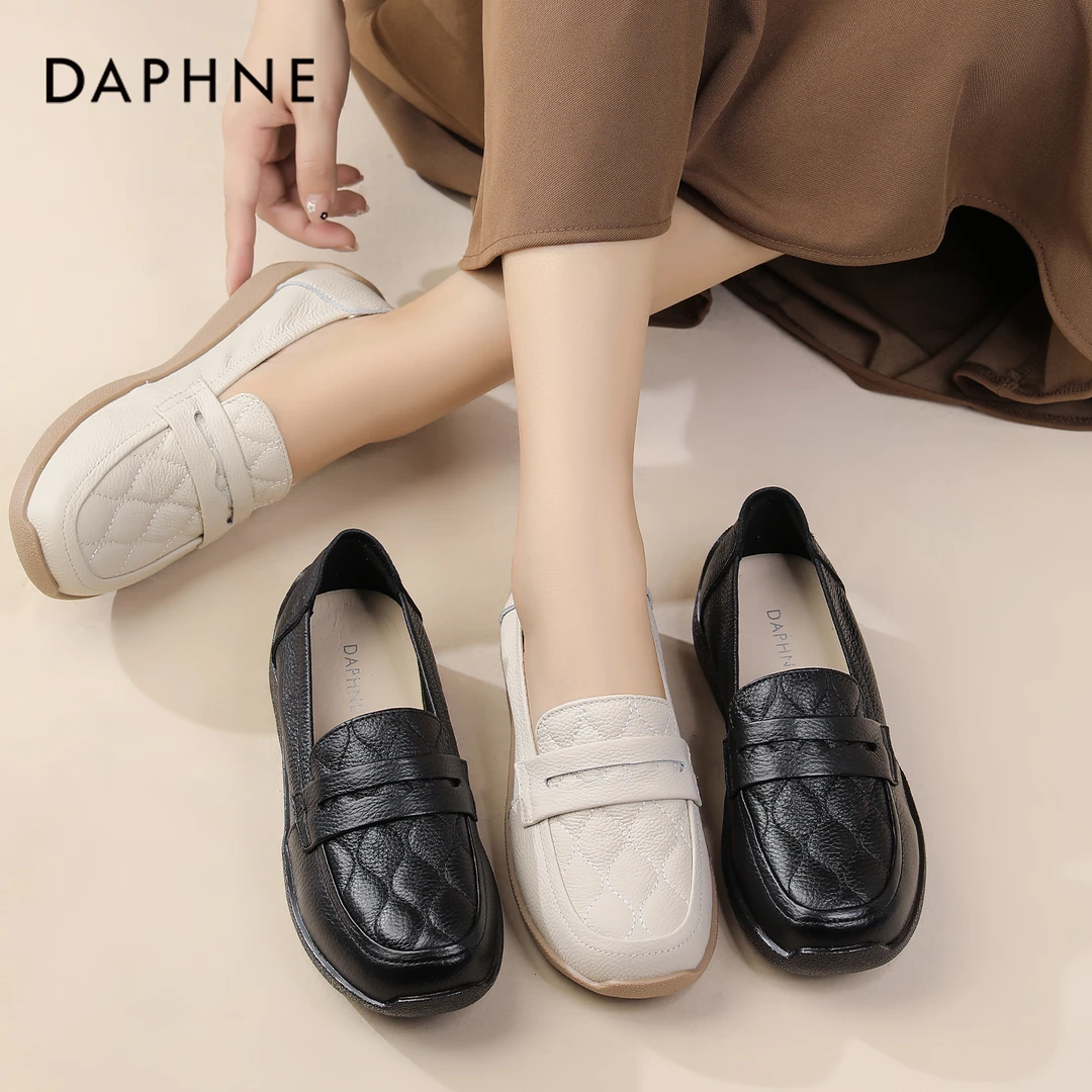 达芙妮2025秋季新款真皮牛皮单鞋平底一脚蹬软底软面妈妈鞋