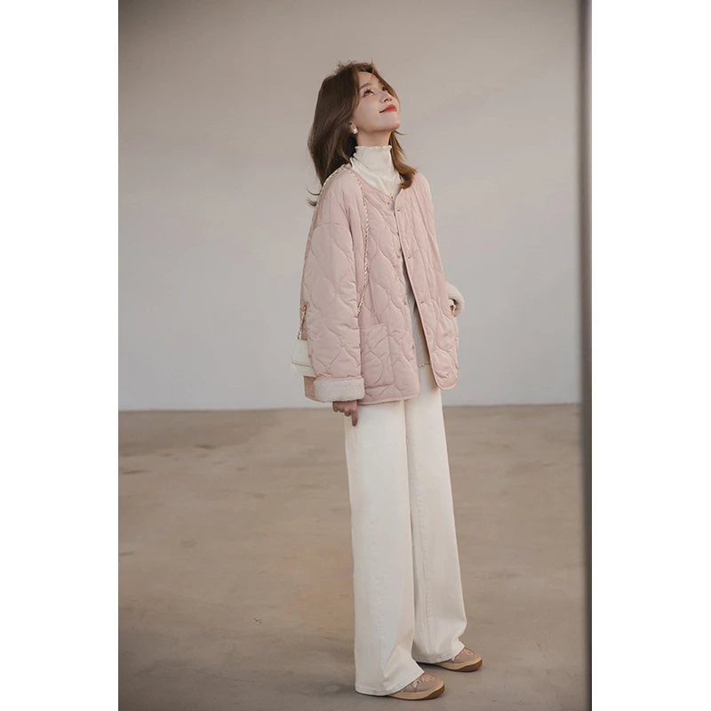 小谷粒拼接棉服外套外套女2025冬季新款轻薄洋气保暖圆领加厚上衣