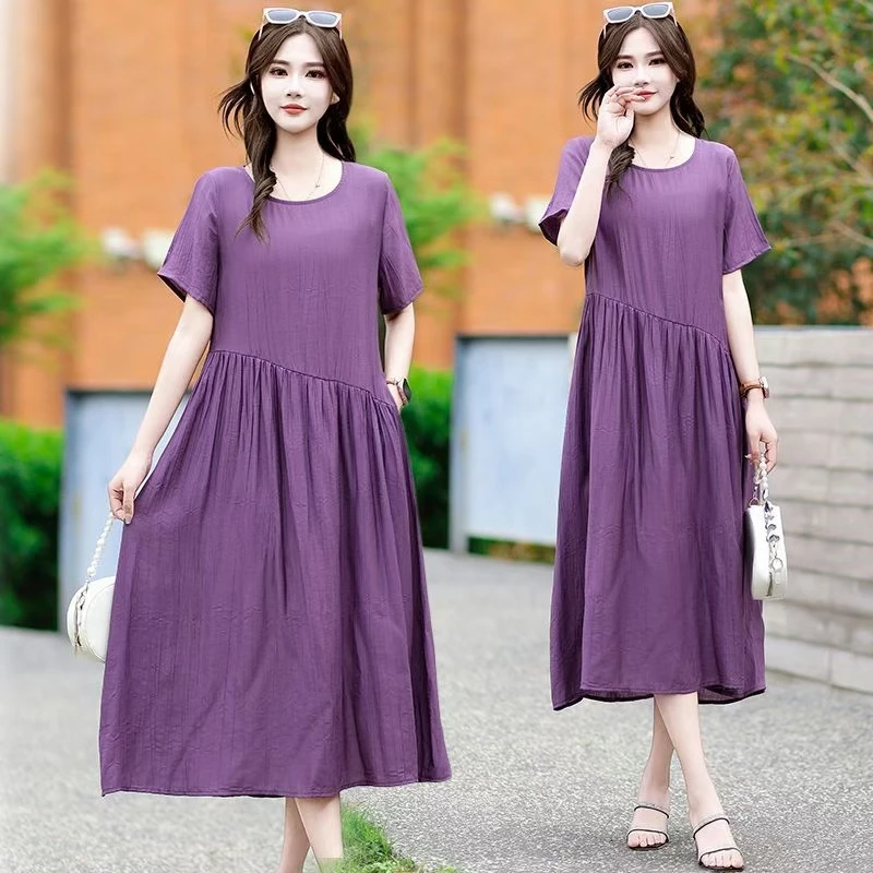 夏季极简风长裙纯色短袖连衣裙中长款裙子大码休闲