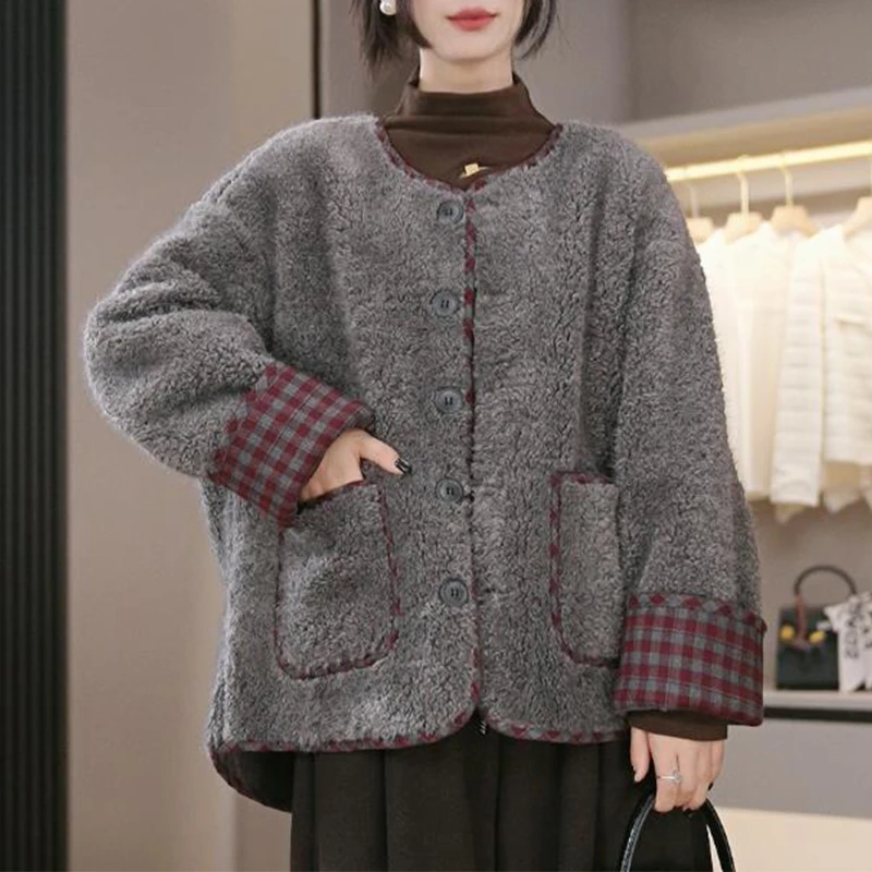 外套加厚秋冬季韩版女士毛绒短款小香风毛毛圆领咖色灰色聚酯纤维