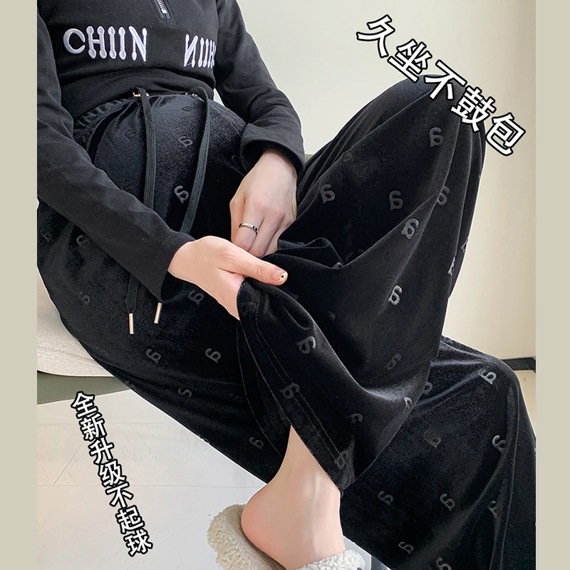 孕妇裤秋冬季外穿阔腿裤2025新款时尚宽松显瘦小个子印花休闲长裤