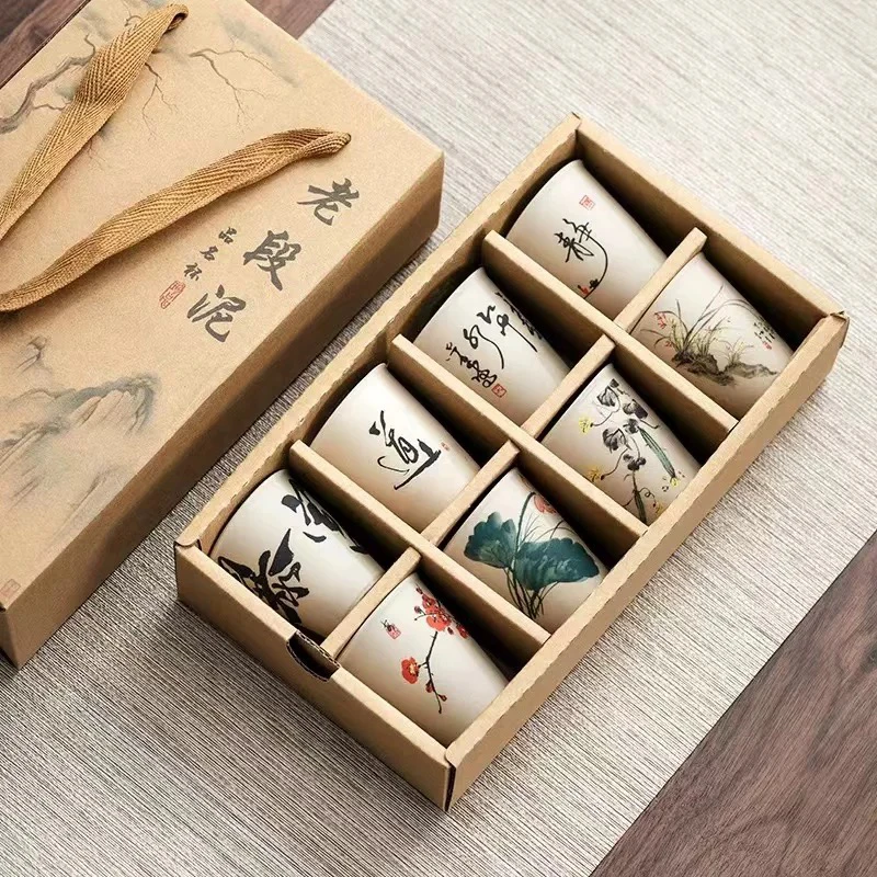 【陶制】八个装粗陶手绘八杯礼盒套装闻香茶杯ZHZ0442