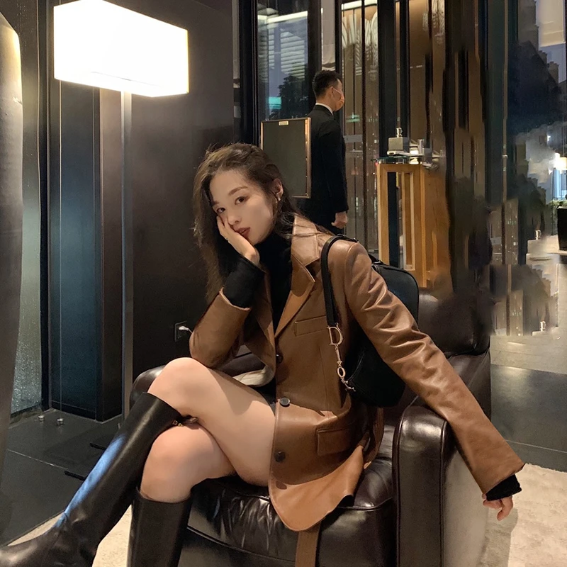 西装领纯色中长款皮衣2802