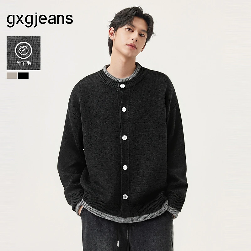gxg.jeans男装 含羊毛假两件宽松开襟毛衣线衫外套男 25秋新品