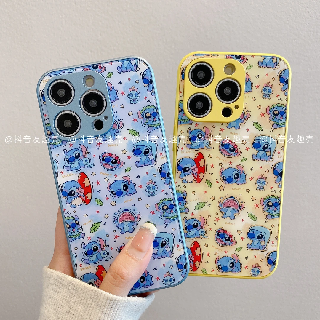 适用于苹果16新华为vivo小米oppo肤感玻璃手机壳创意可爱潮史迪仔