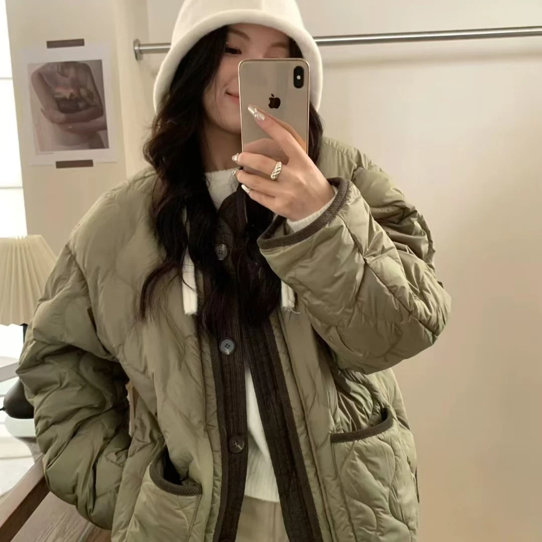 圆领拼接短款棉服女菱格轻薄秋冬网红宽松韩版时尚加厚女装