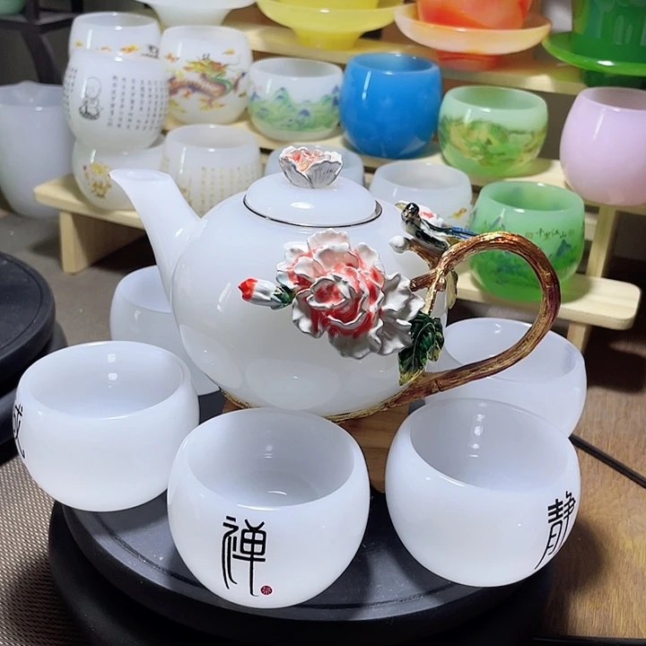 琉璃中式珐琅彩花开富贵一壶六杯礼盒套装