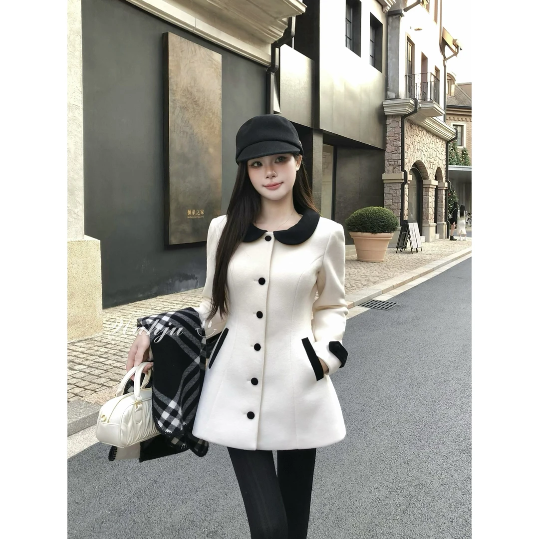 画解WAHJU【乖巧邂逅】韩系千金风撞色翻领呢子黄杏色大衣外套0022W